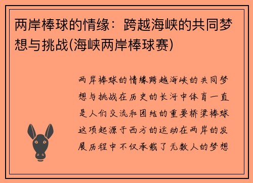 两岸棒球的情缘：跨越海峡的共同梦想与挑战(海峡两岸棒球赛)