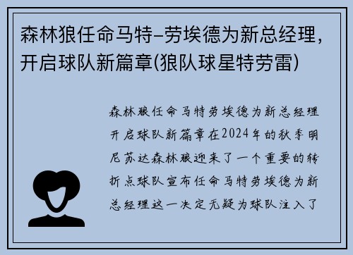 森林狼任命马特-劳埃德为新总经理，开启球队新篇章(狼队球星特劳雷)