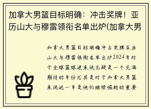 加拿大男篮目标明确：冲击奖牌！亚历山大与穆雷领衔名单出炉(加拿大男篮球员名单)