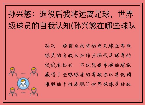 孙兴慜：退役后我将远离足球，世界级球员的自我认知(孙兴慜在哪些球队效力)