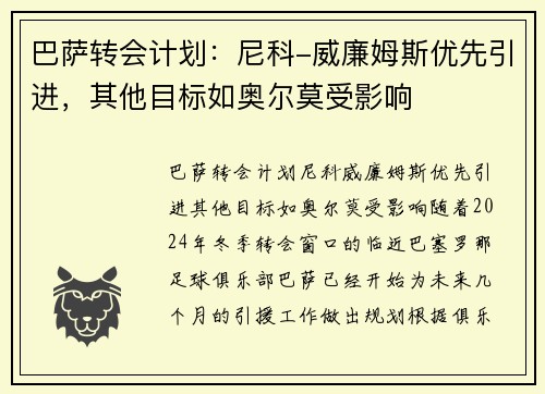 巴萨转会计划：尼科-威廉姆斯优先引进，其他目标如奥尔莫受影响
