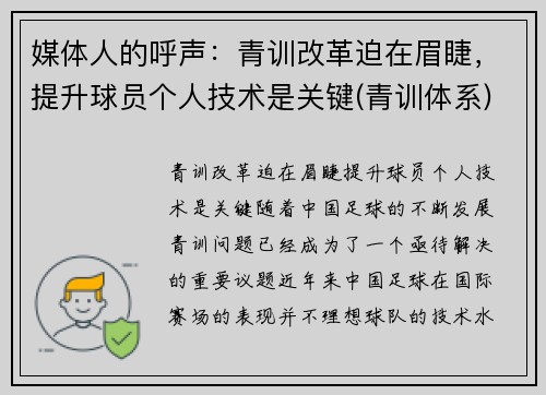 媒体人的呼声：青训改革迫在眉睫，提升球员个人技术是关键(青训体系)