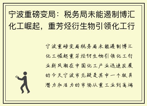 宁波重磅变局：税务局未能遏制博汇化工崛起，重芳烃衍生物引领化工行业新风潮