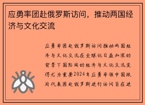 应勇率团赴俄罗斯访问，推动两国经济与文化交流