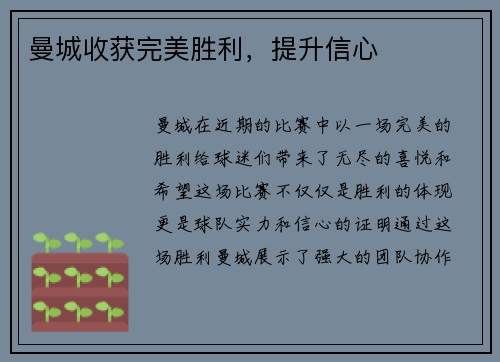 曼城收获完美胜利，提升信心