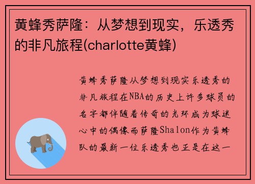 黄蜂秀萨隆：从梦想到现实，乐透秀的非凡旅程(charlotte黄蜂)